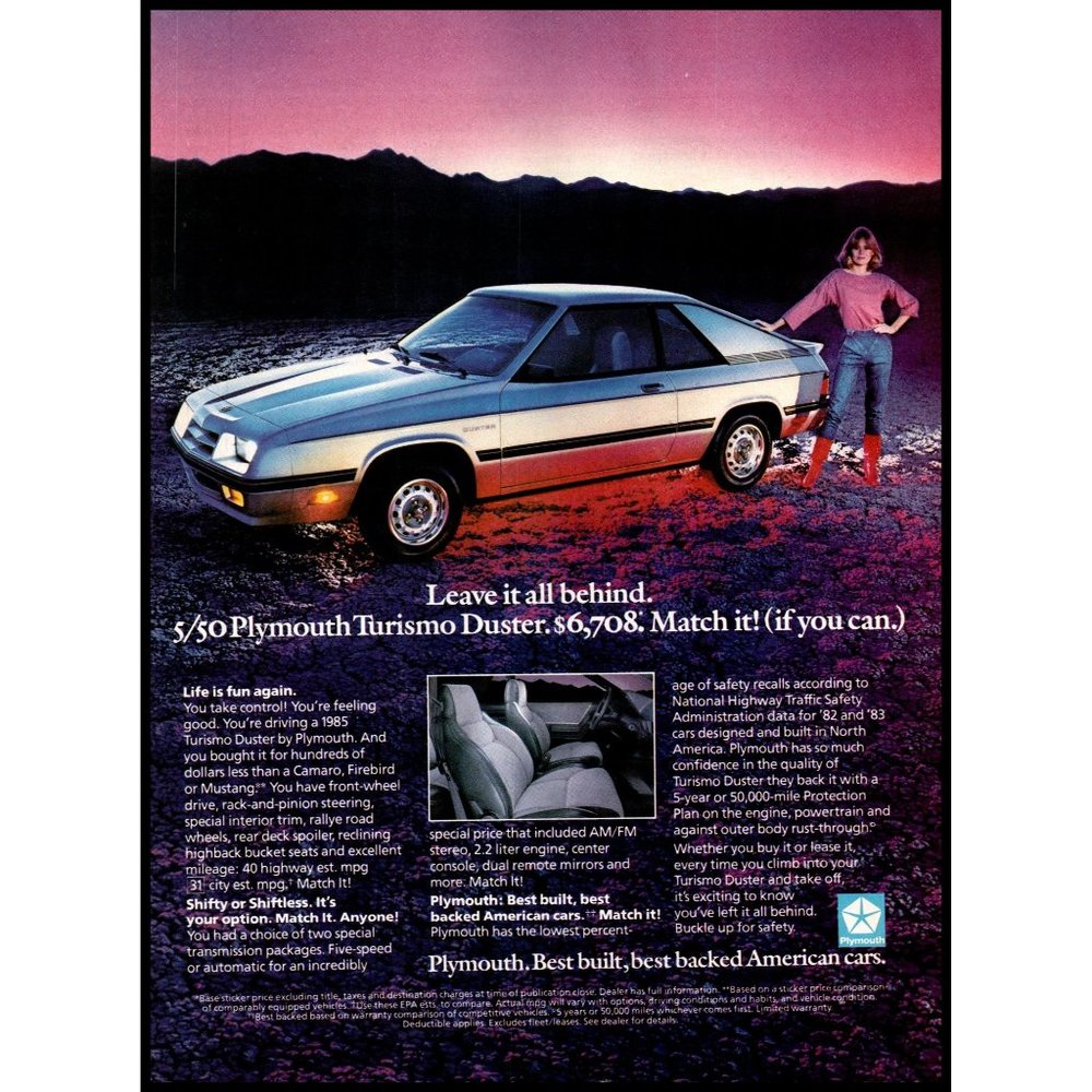 1985 Plymouth Turismo Duster Hatchback Vintage Print Ad Red Leather Boots Decor